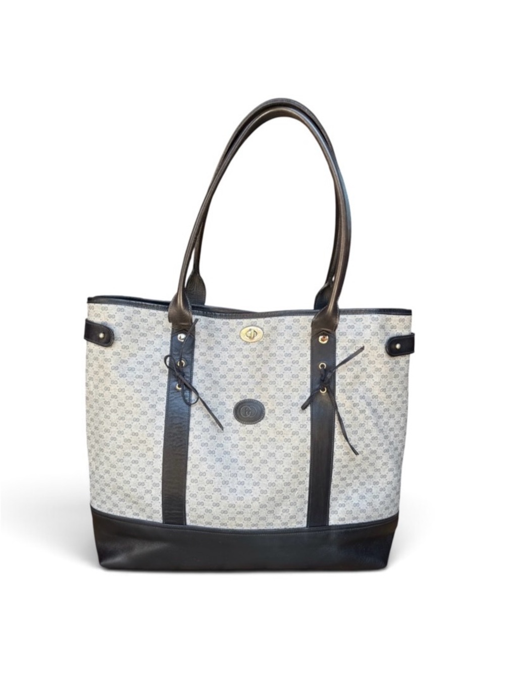 Gucci VTG GG Tote Canvas Leather Trim Gray Navy Large 14x18x5”
